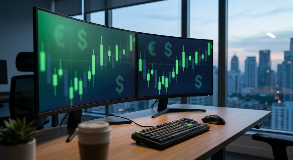 Moderner Trading-Arbeitsplatz mit Candlestick-Charts und Währungspaaren auf zwei Monitoren